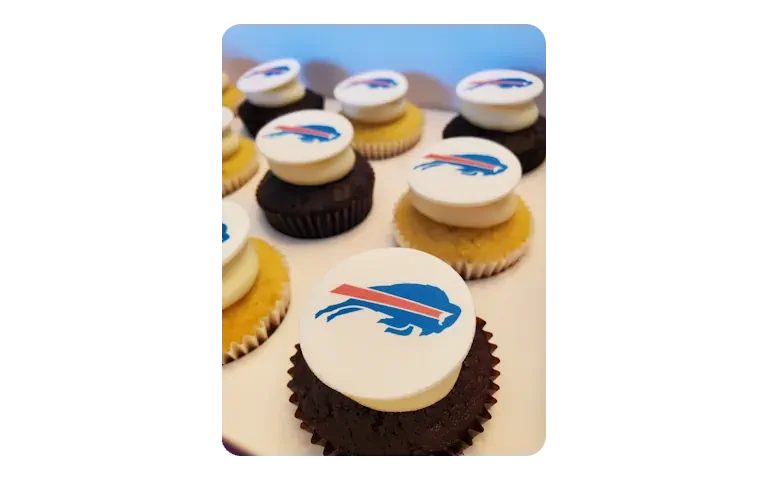 Custom branded cupcakes with Buffalo Bills logo