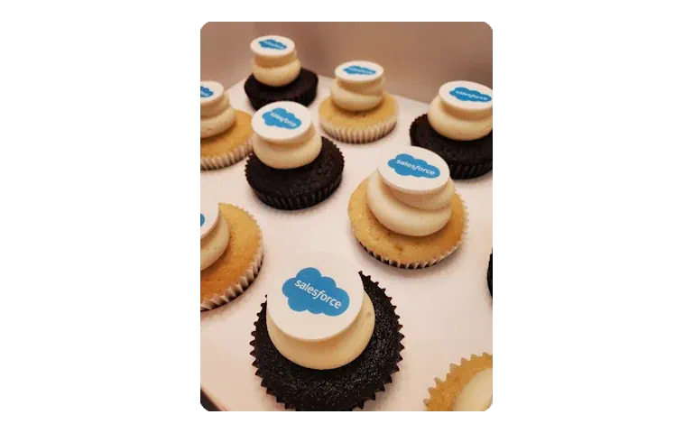 Custom branded cupcakes with Salesforce logo