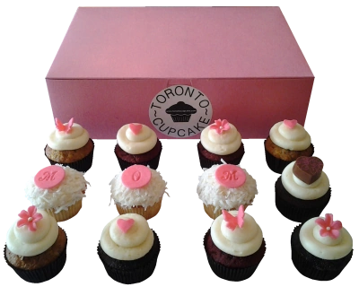 Toronto Cupcakes Mother's Day Dozen - A beautiful selection with hearts, butterflies, and 'MOM' embossed discs